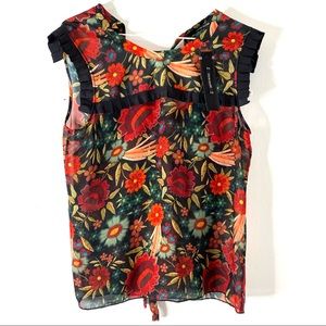Calvin Rucker Red Floral Black Pleated Trim Blouse Cut Out Back Tie Neck Top NWT